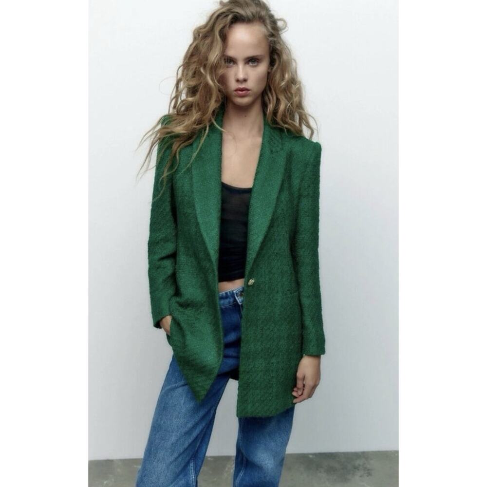 ZARA Tailored Blazer One Button Tweed Textured Structured Kelly Green Sz L